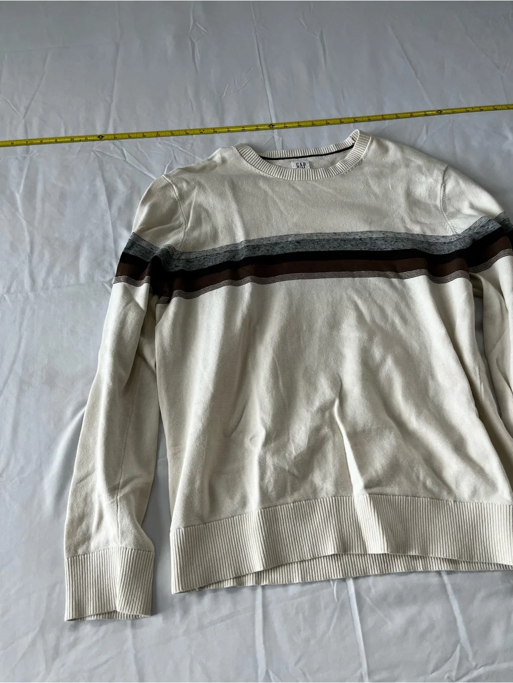 GAP Cream Crewneck Sweater with Gray and Brown Stripes